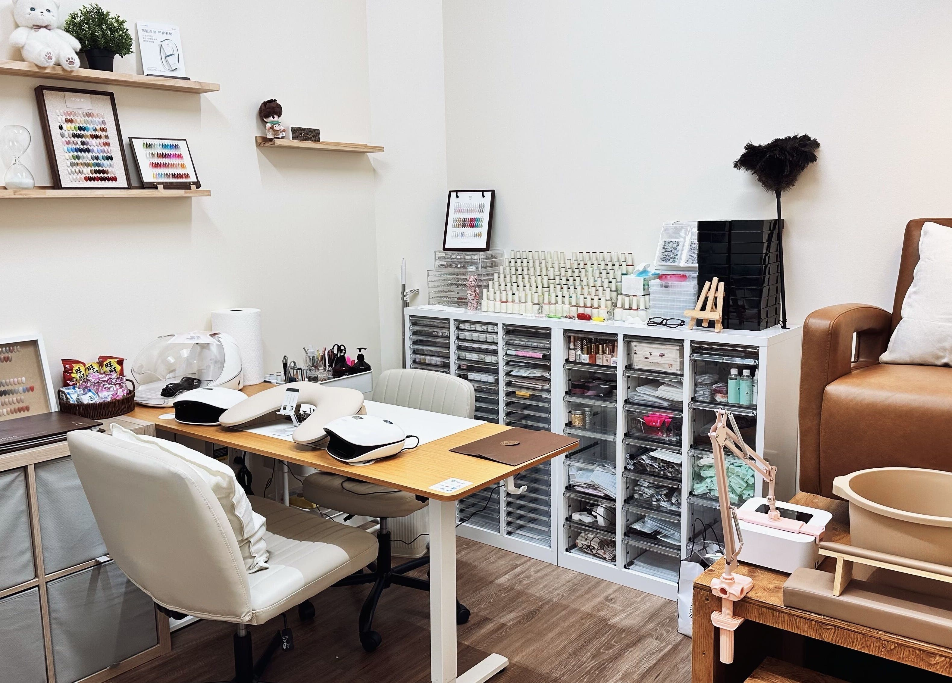 Modern nail studio at One Drop Studio in Arcadia, California, US, featuring manicure and pedicure stations.