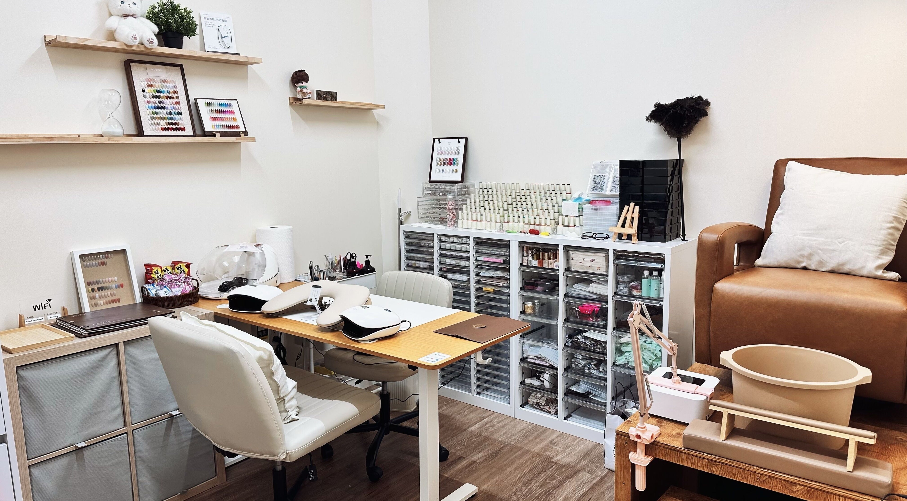 Modern nail studio at One Drop Studio in Arcadia, California, US, featuring manicure and pedicure stations.