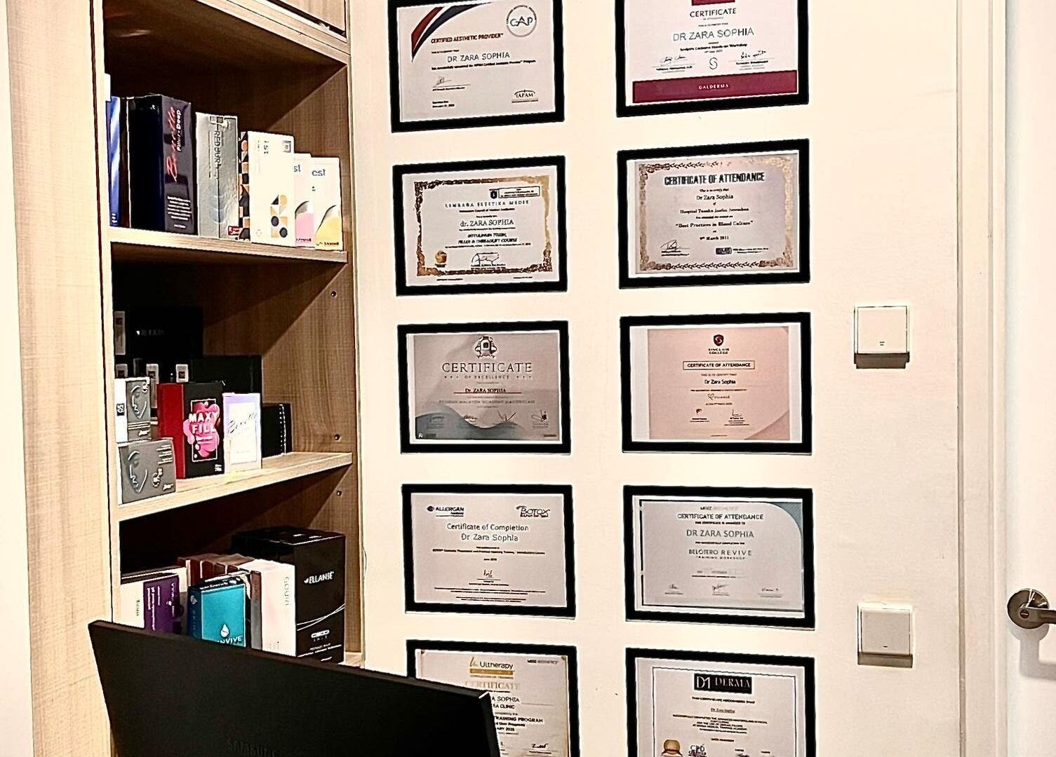 Zara Aesthetic certifications displayed on office wall, Kuala Lumpur, Wilayah Persekutuan Kuala Lumpur, MY.