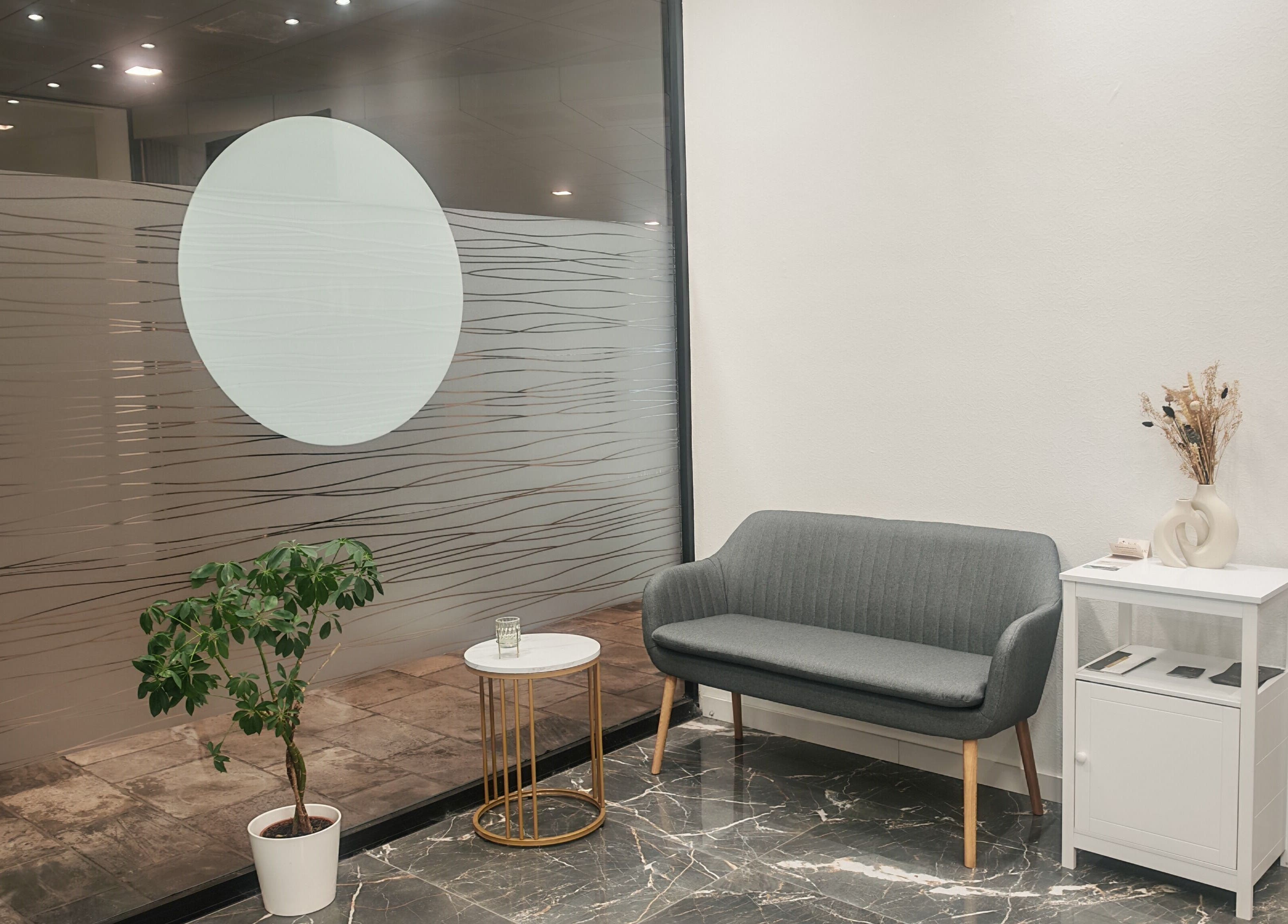 Moderne wachtruimte in Varda Beauty Room, Mortsel, Vlaanderen, BE met grijze bank en planten.