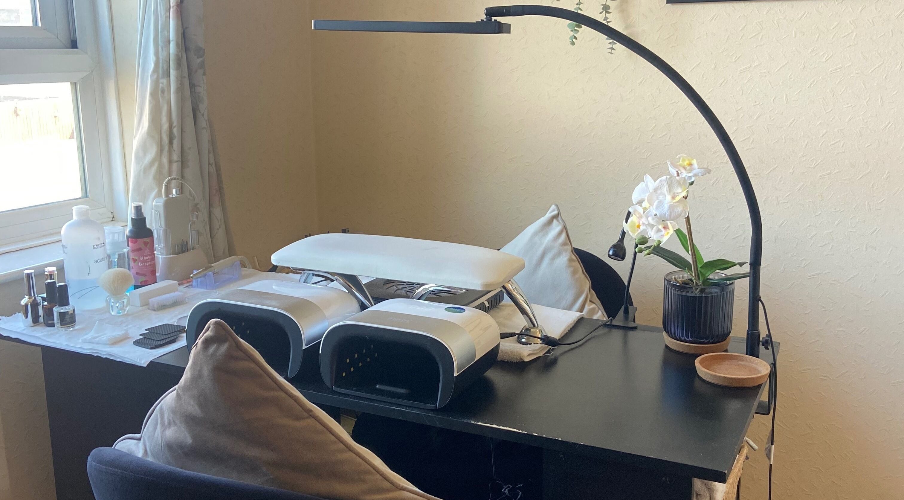 Chic nail station at KL Nails and Beauty, Netley, England, GB, showcasing modern tools and elegant decor.