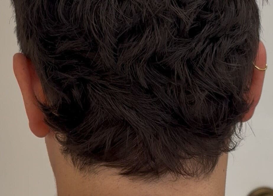 Vista posterior de un peinado moderno en casa cortado, Barcelona, Catalunya, ES.