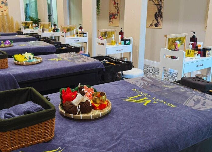 Serene treatment space at MH Head Spa in San Jose, California, US with massage tables and elegant decor.