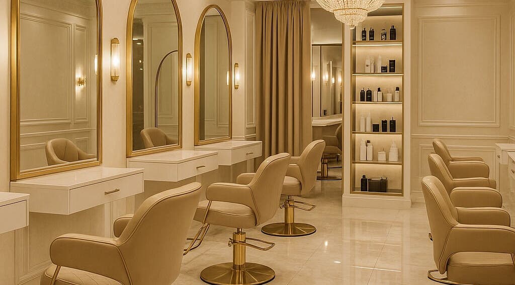 Elegant salon chairs and mirrors at Ostenta Beauty Concept (Wynwood), Miami, Florida, US.