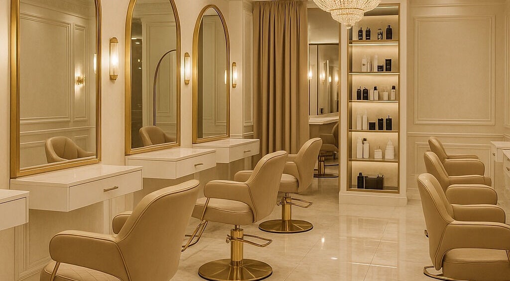 Elegant salon chairs and mirrors at Ostenta Beauty Concept (Wynwood), Miami, Florida, US.