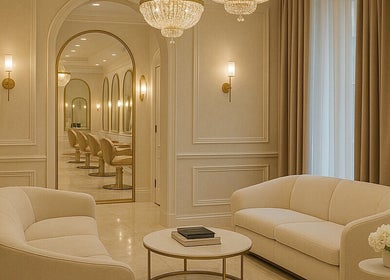 Elegant interior of Ostenta Beauty Concept in Miami, Florida, showcasing luxury seating and decor.