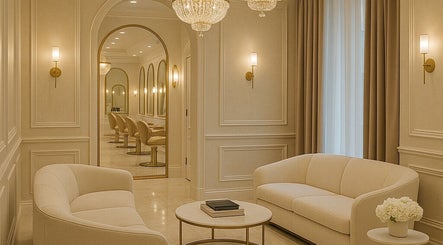 Elegant interior of Ostenta Beauty Concept in Miami, Florida, showcasing luxury seating and decor.