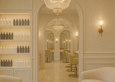 Luxurious interior of Ostenta Beauty Concept (Wynwood), Miami, Florida with chandeliers and chic design.