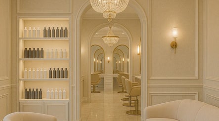 Luxurious interior of Ostenta Beauty Concept (Wynwood), Miami, Florida with chandeliers and chic design.