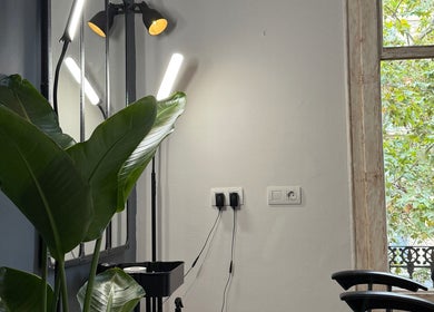 Stylish salon corner with plants and a window at Jack Moran Hair, Barcelona, Cataluña, ES.
