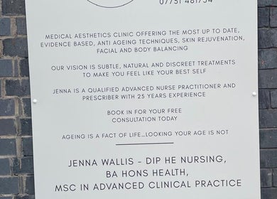 Sign detailing services at Transfigure Medical Aesthetics, Stockport, England, GB.