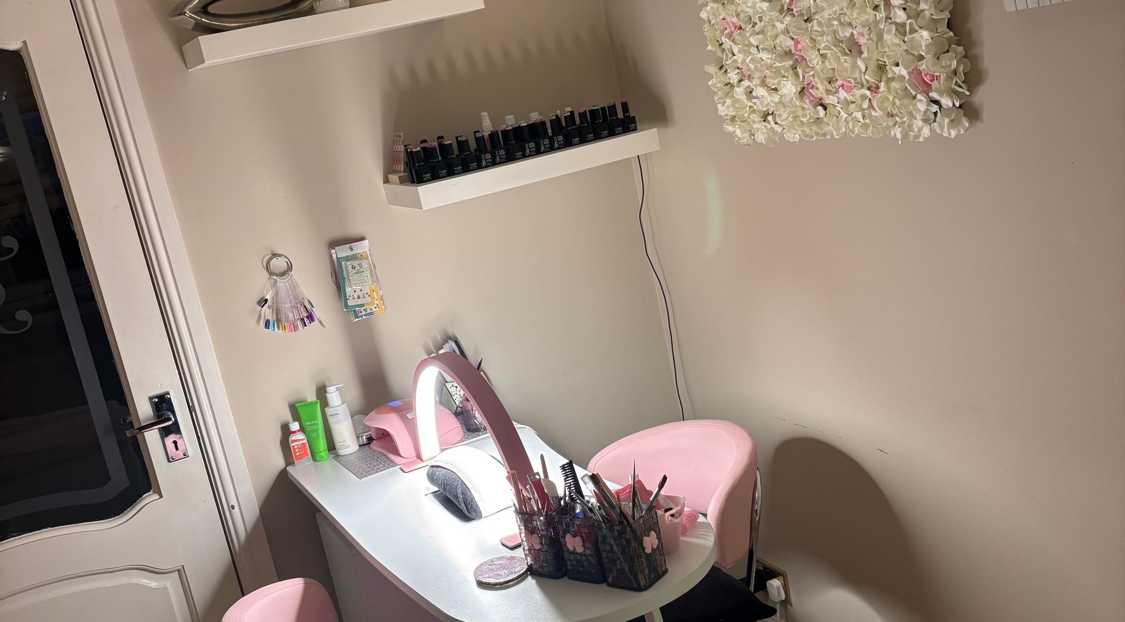Chic nail station at Lush Beauty in Stafford, England, GB showcasing polishes and tools.