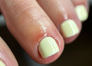 Close-up of pedicure with glossy pale yellow nails at By.vestajonkute, Liverpool, England, GB.
