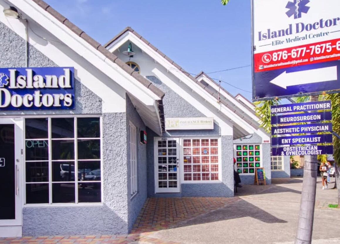Front of Island Doctors Elite Medical Centre, Ocho Rios, St. Ann Parish, JM on a sunny day.
