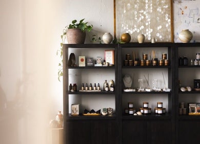 Elegant wellness shelves at LGHTTouch in Philadelphia, Pennsylvania, US, displaying natural beauty products.
