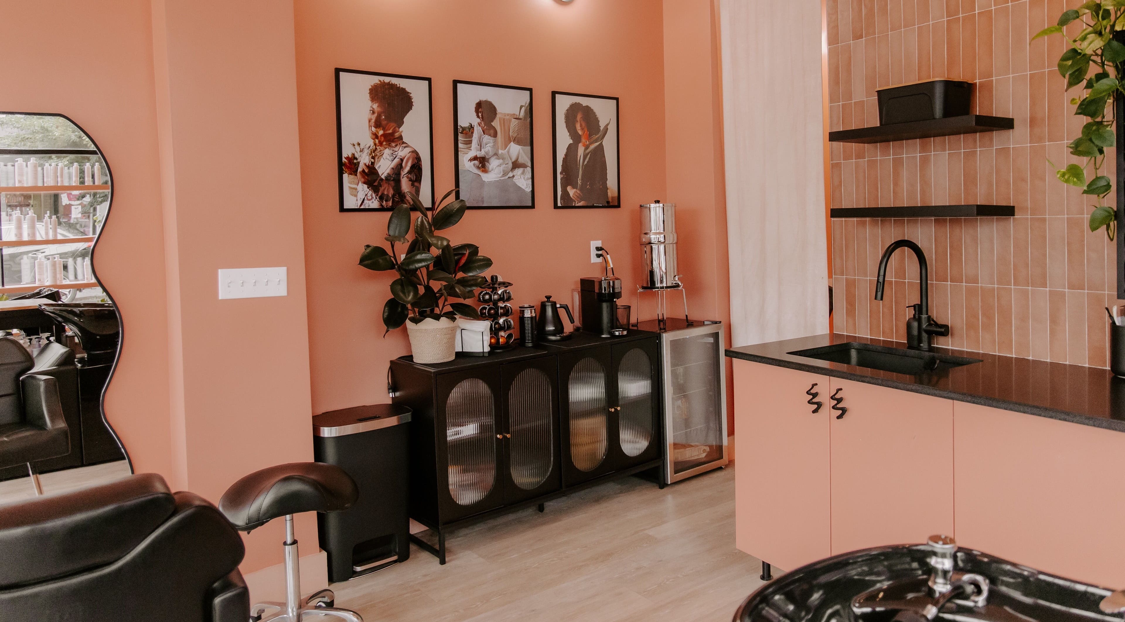 Stylish salon interior at LGHTTouch Pop-Up at Wash~Day, Philadelphia, Pennsylvania, US with modern decor.