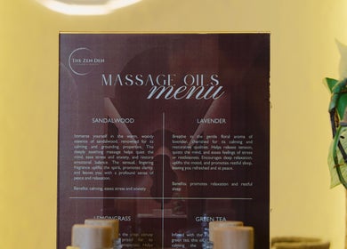 Massage oils menu at The Zen Den Massage & Beauty Bali, Bali, ID, showcasing aromatherapy options.