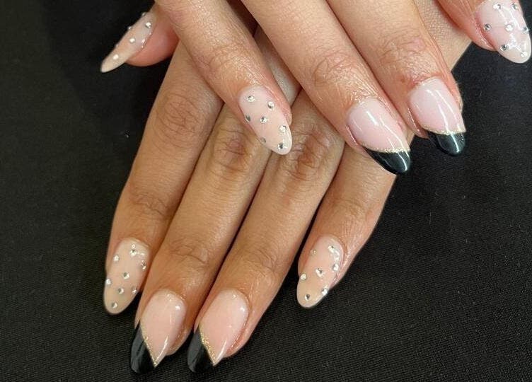Stylish nail art with rhinestones at Kaybee Nails (Blessing), Cape Town, Western Cape, ZA.