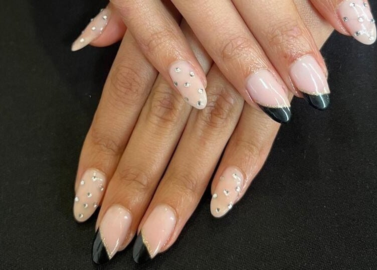 Stylish nail art with rhinestones at Kaybee Nails (Blessing), Cape Town, Western Cape, ZA.