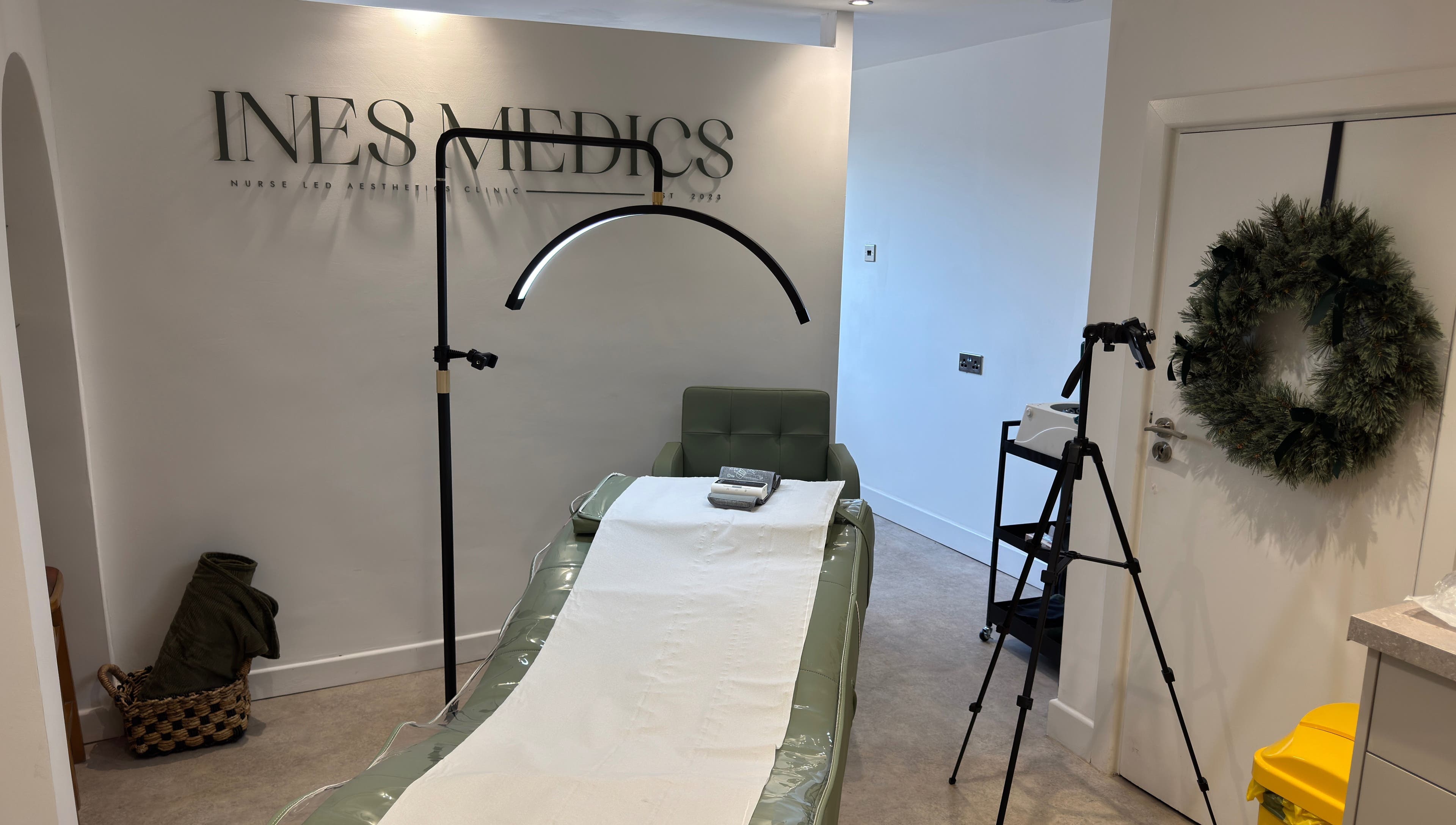 Treatment room at Pop Up Clinic INES MEDICS, Grantham, England, GB, showcasing a serene setup with modern decor.