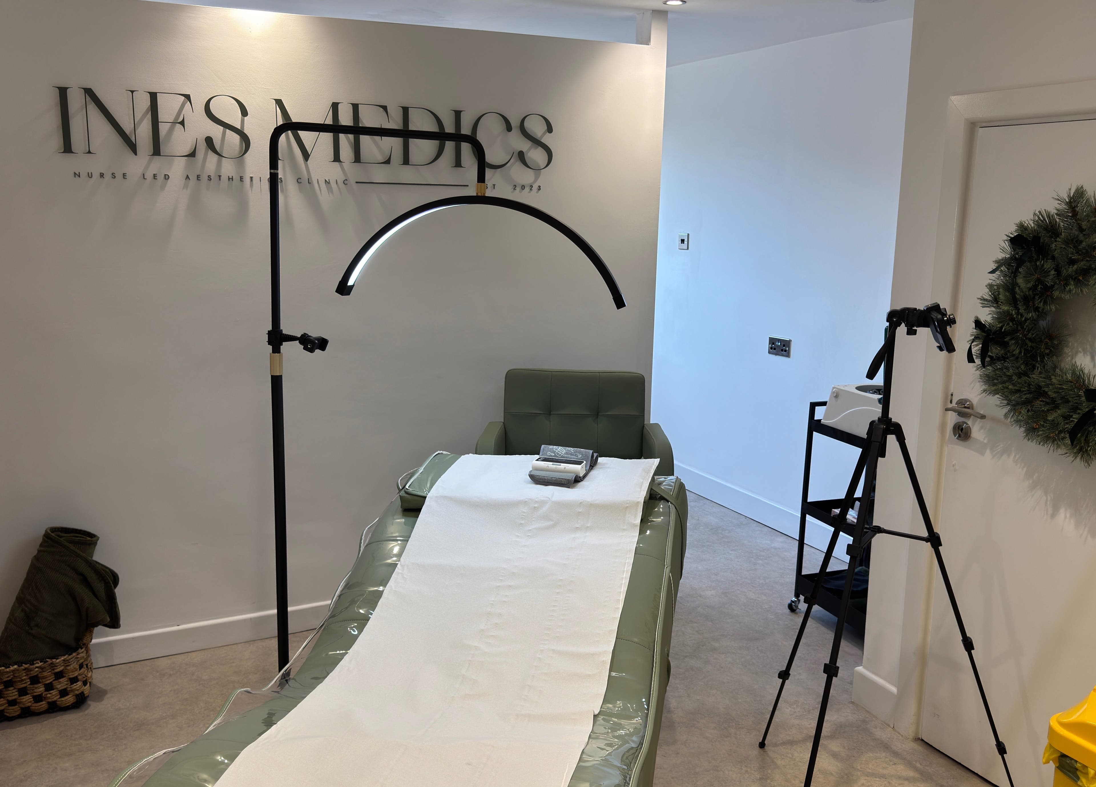Treatment room at Pop Up Clinic INES MEDICS, Grantham, England, GB, showcasing a serene setup with modern decor.