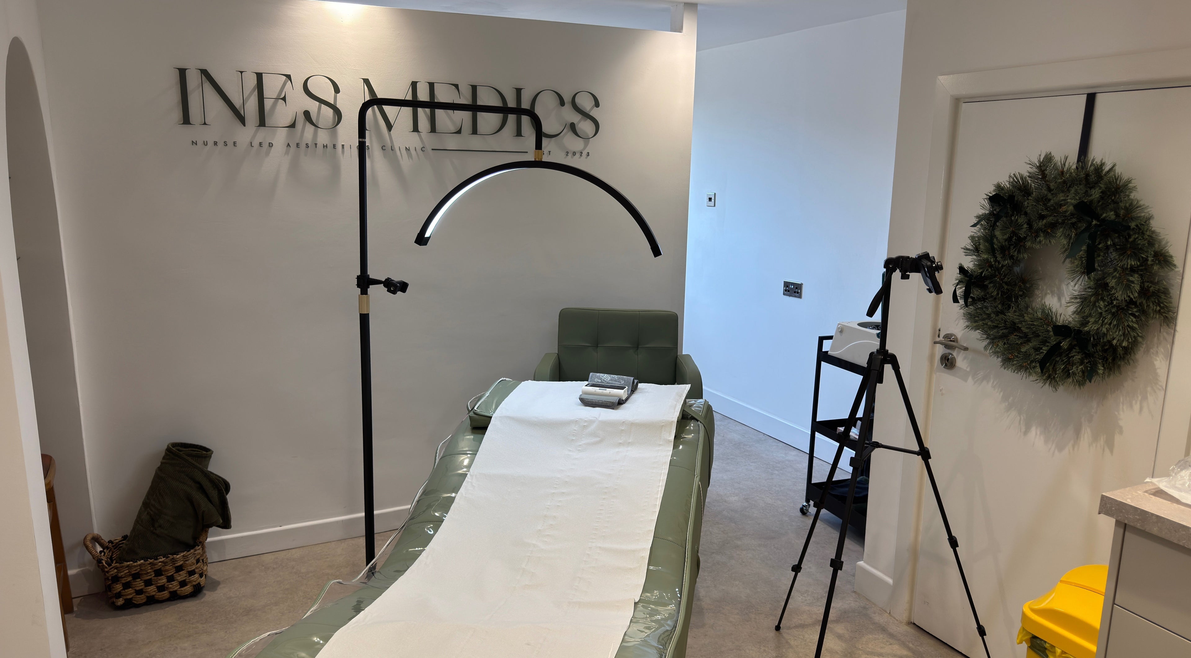 Treatment room at Pop Up Clinic INES MEDICS, Grantham, England, GB, showcasing a serene setup with modern decor.