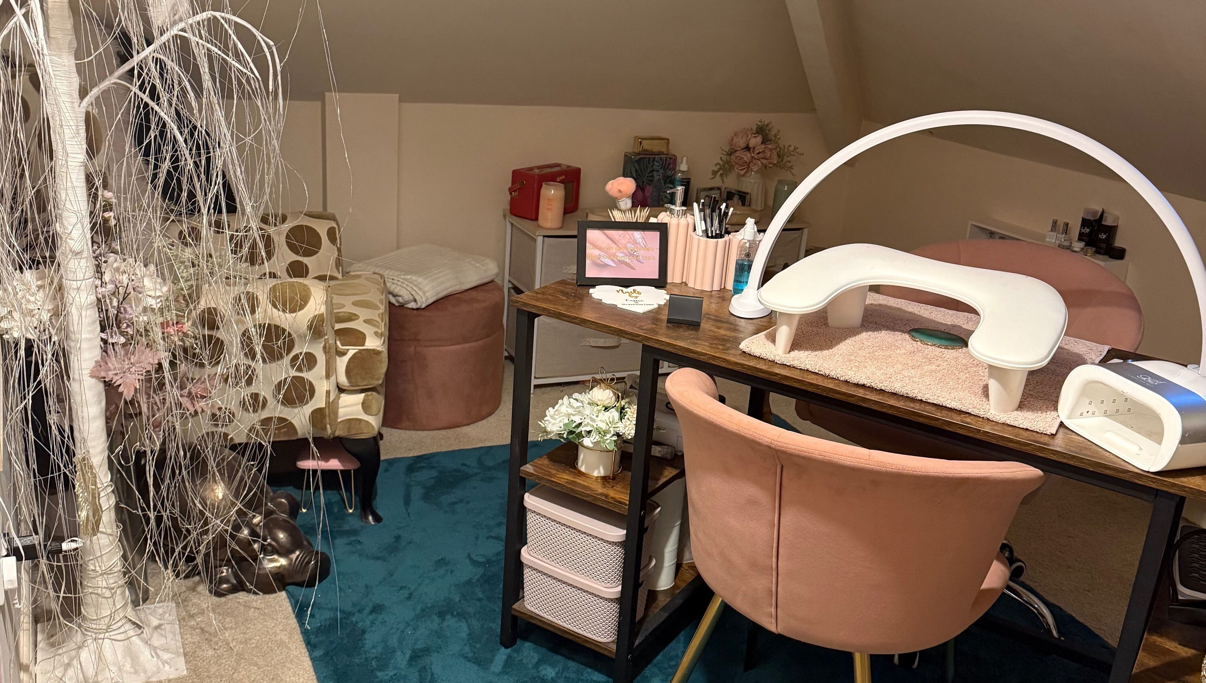 Nail station at The Beauty Room by Cassie, Huddersfield, England, GB with chic decor and tools.