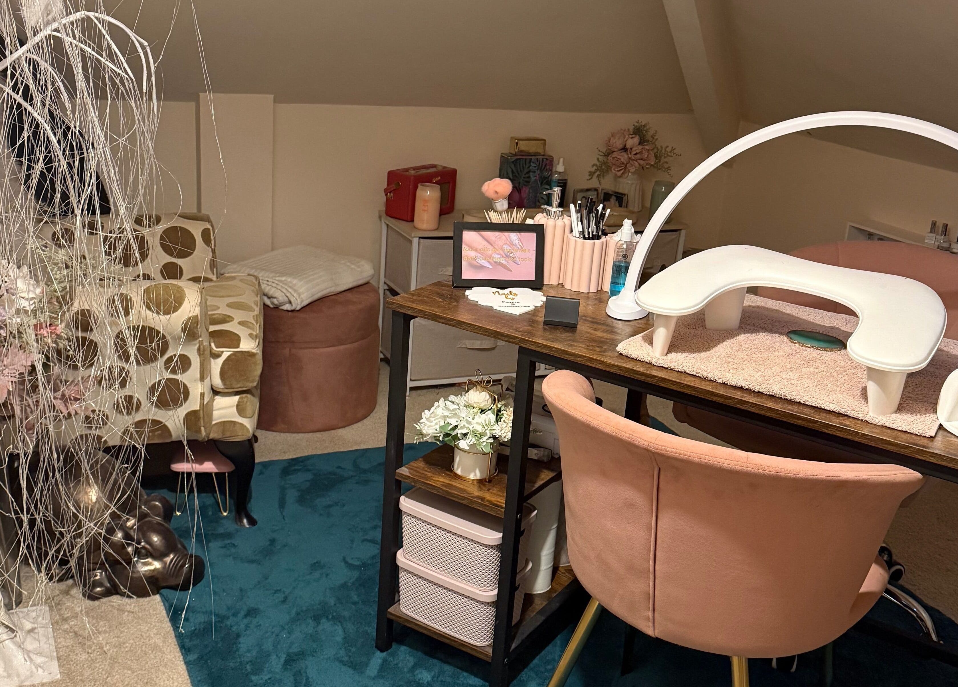 Nail station at The Beauty Room by Cassie, Huddersfield, England, GB with chic decor and tools.