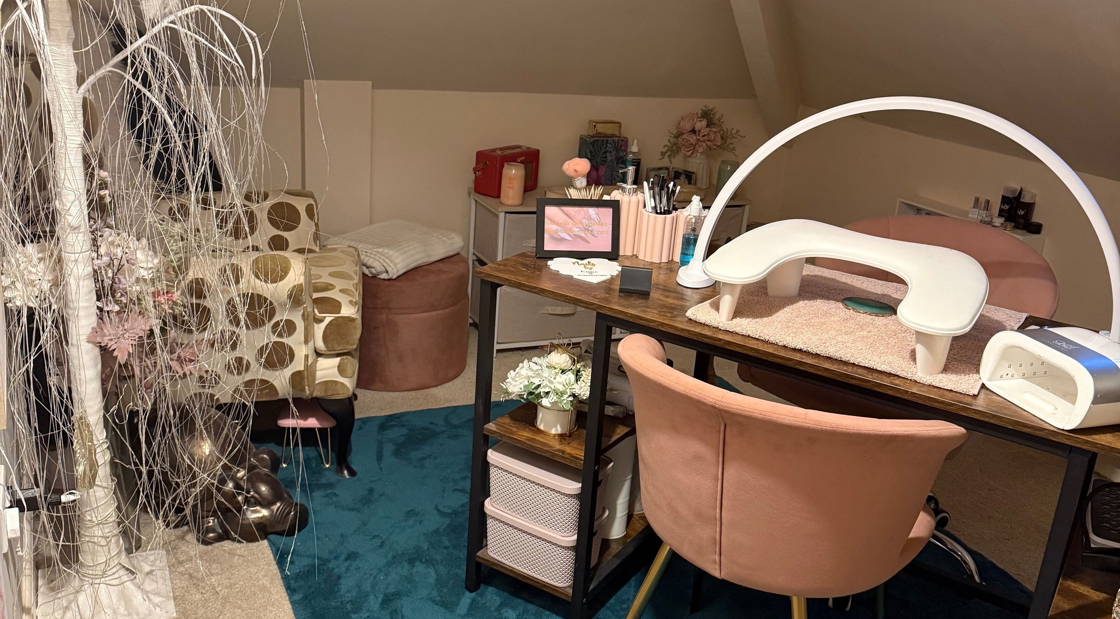 Nail station at The Beauty Room by Cassie, Huddersfield, England, GB with chic decor and tools.