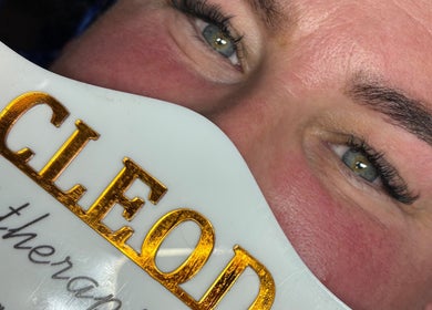 Close-up of GetCleo.d branding in Maidstone, England, GB, highlighting elegant lashes and skin care.