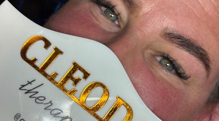Close-up of GetCleo.d branding in Maidstone, England, GB, highlighting elegant lashes and skin care.