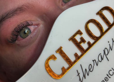 Close-up of woman's eye with Cleo.D branding at GetCleo.D, Maidstone, England, GB.