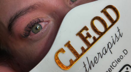 Close-up of woman's eye with Cleo.D branding at GetCleo.D, Maidstone, England, GB.
