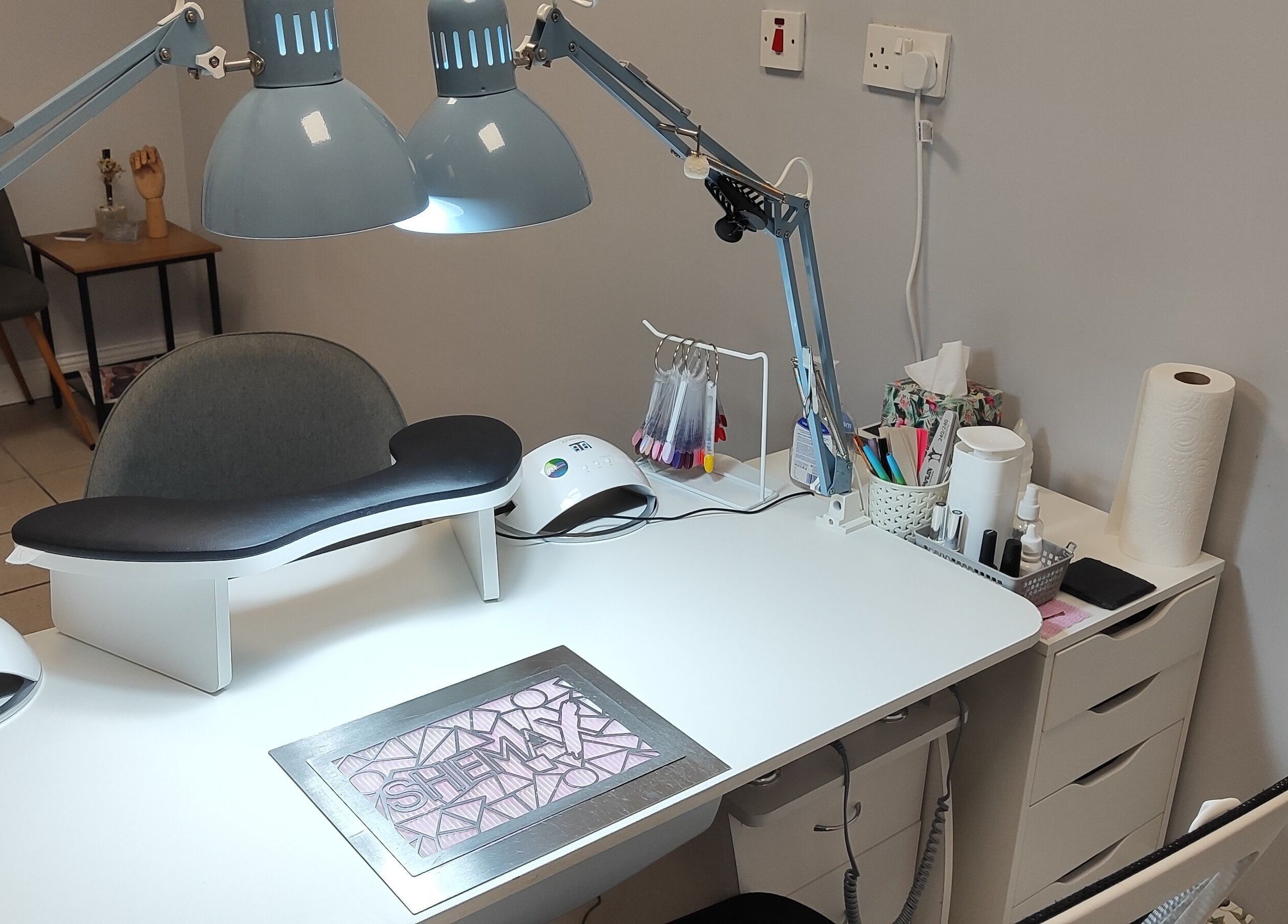 Modern nail station at Ieva's Nail Studio in Claregalway, IE, featuring a well-equipped workspace.