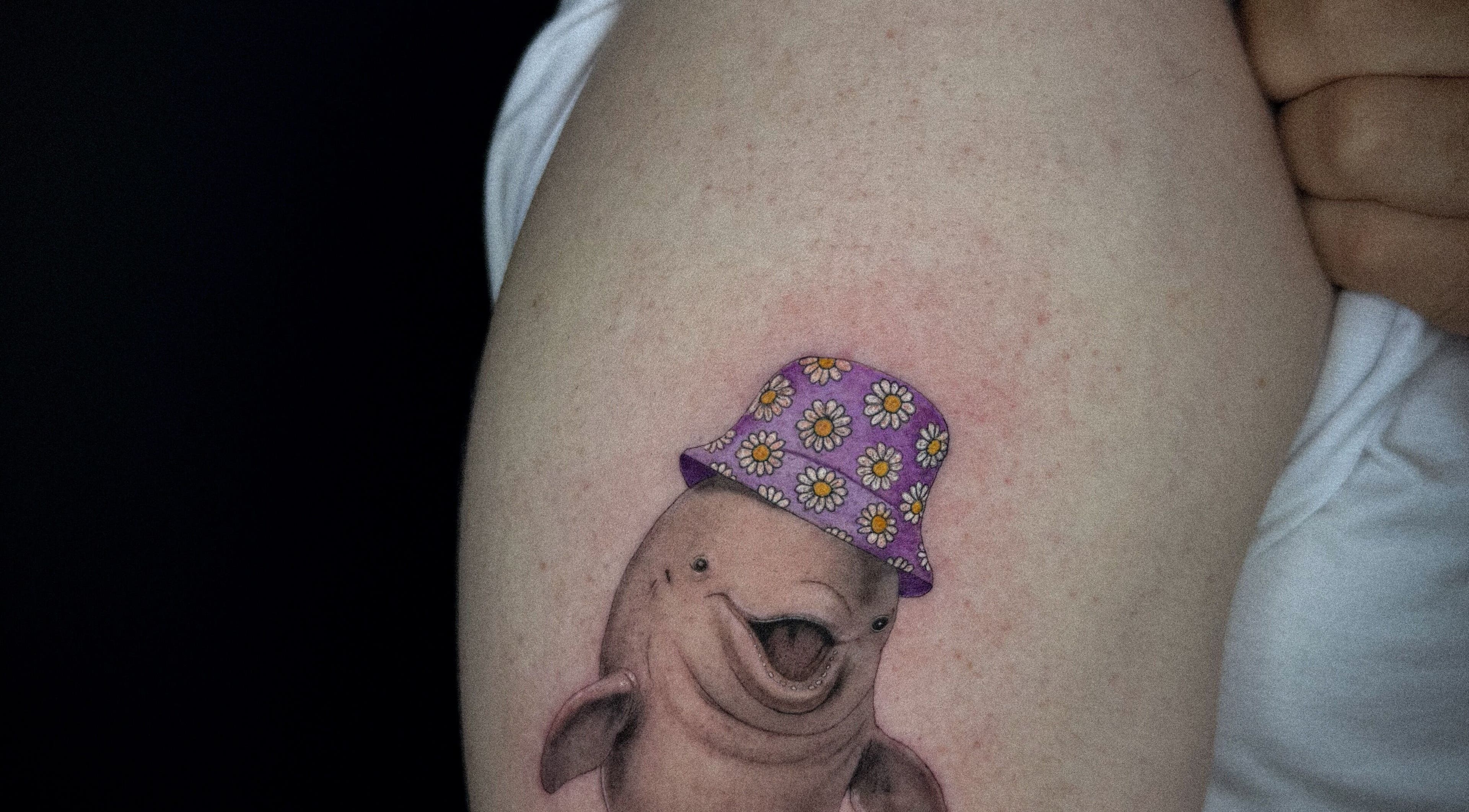 Tatuaje de un delfín con sombrero de flores en Ethan Clay Tattoo, Santiago De Compostela, ES.