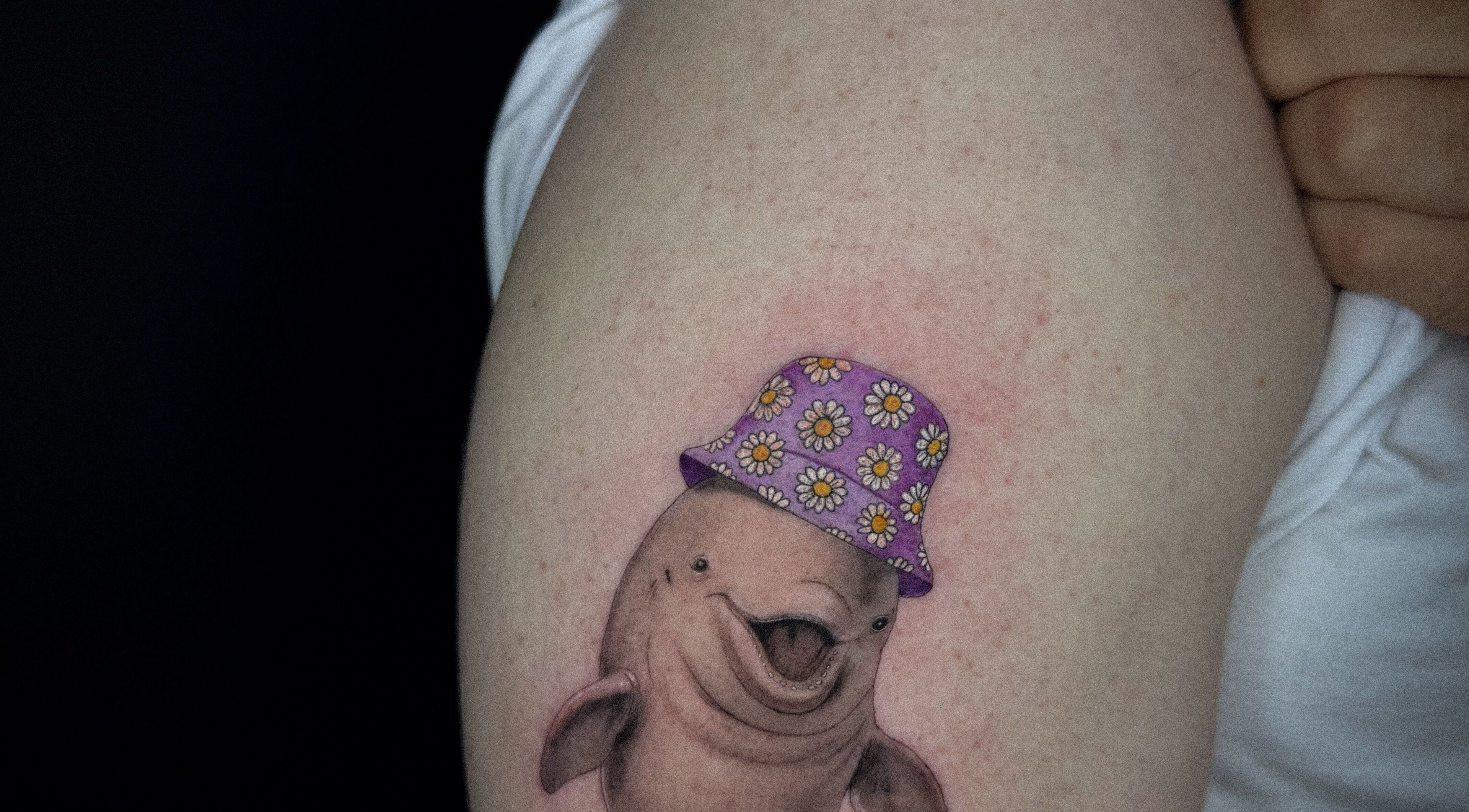 Tatuaje de un delfín con sombrero de flores en Ethan Clay Tattoo, Santiago De Compostela, ES.