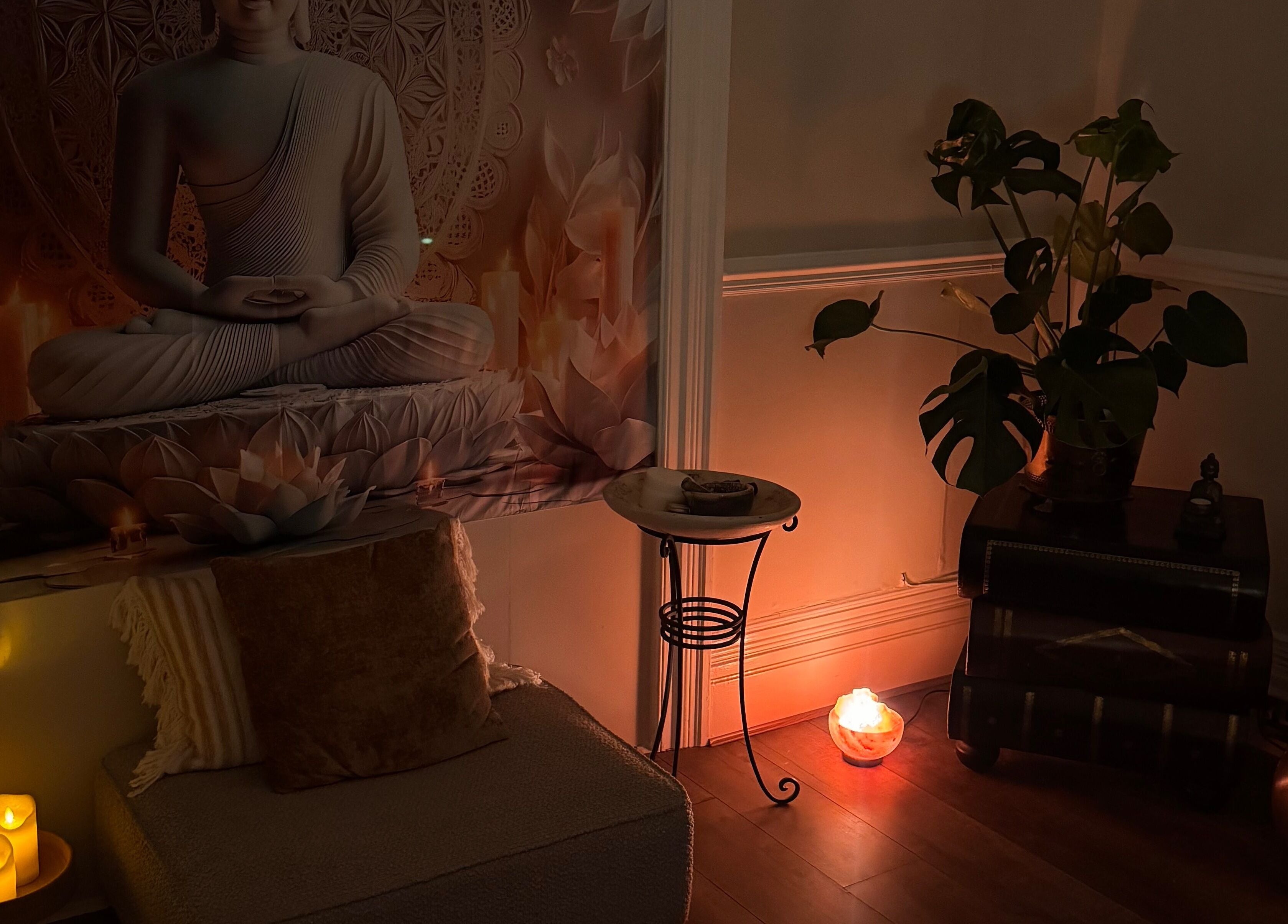 Peaceful meditation area with ambient lighting at Soul Sister Holistic Therapy & Wellbeing, Neath, Wales, GB.
