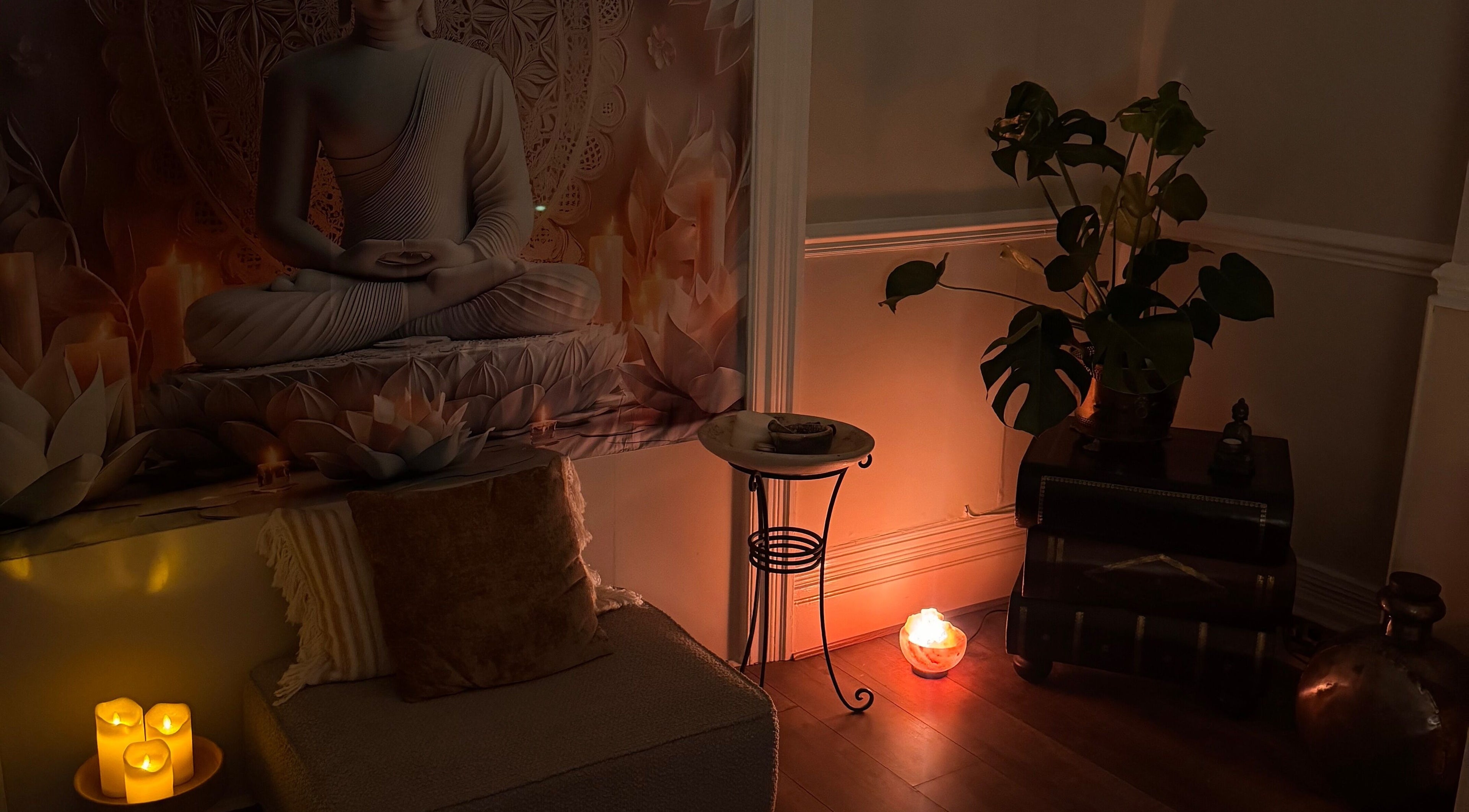 Peaceful meditation area with ambient lighting at Soul Sister Holistic Therapy & Wellbeing, Neath, Wales, GB.