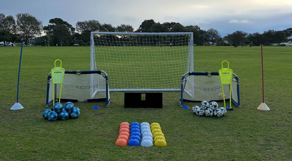 Soccer training setup at Jai.rawling121, Quinns Rocks, Western Australia, AU showcasing goals and cones.