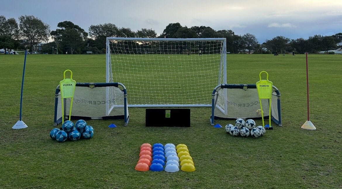 Soccer training setup at Jai.rawling121, Quinns Rocks, Western Australia, AU showcasing goals and cones.