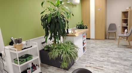 Salon lumineux et vert de Coiffure nature à Saint-Médard-en-Forez, Auvergne-Rhône-Alpes, FR.