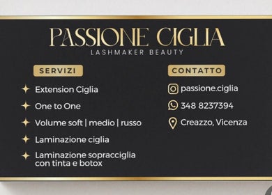 Servizi di bellezza Passione ciglia a Creazzo Vicenza, Veneto, IT su elegante sfondo nero.