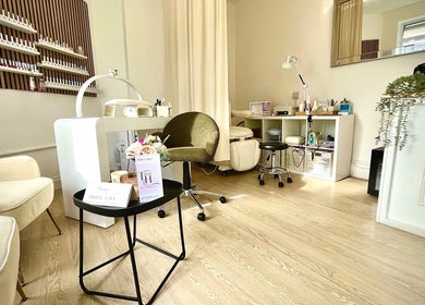 Modern nail salon interior at Taisiya Harding Nail Technician in Torquay, England, GB showcasing cozy and elegant decor.