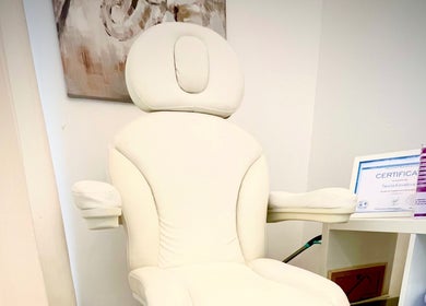 Comfortable spa chair at Taisiya Harding Nail Technician, Torquay, England, GB with certification on display.