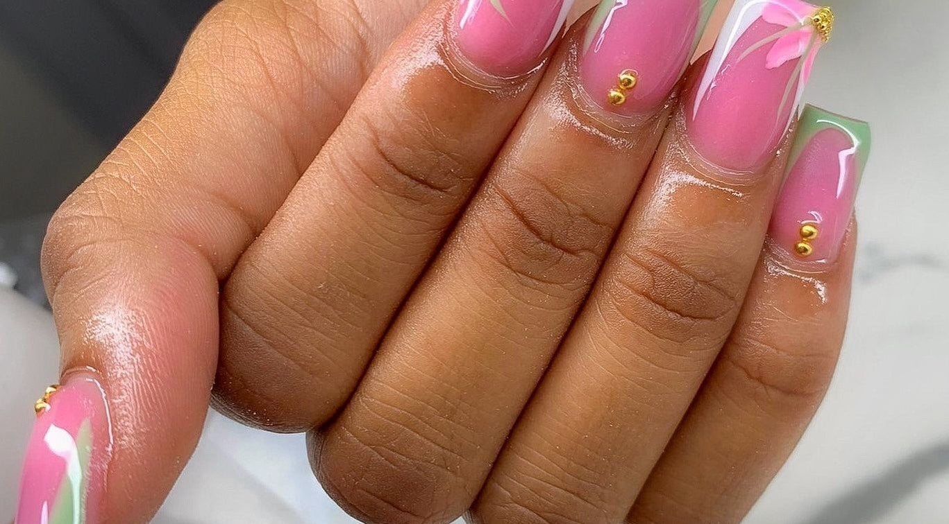 Elegant pink floral nail art at Emb Luxe Nails, Eastlynne, Saint George, BB.