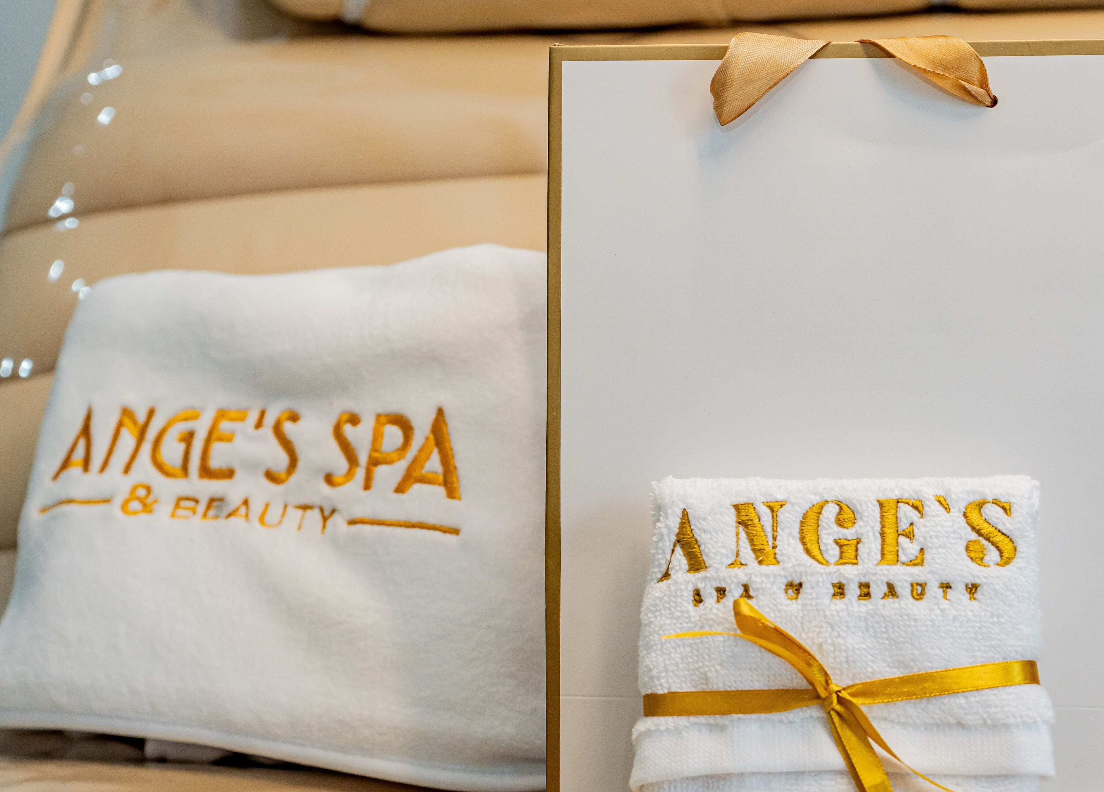 Elegantly displayed Ange's Spa and Beauty towel set in Southampton, England, GB.