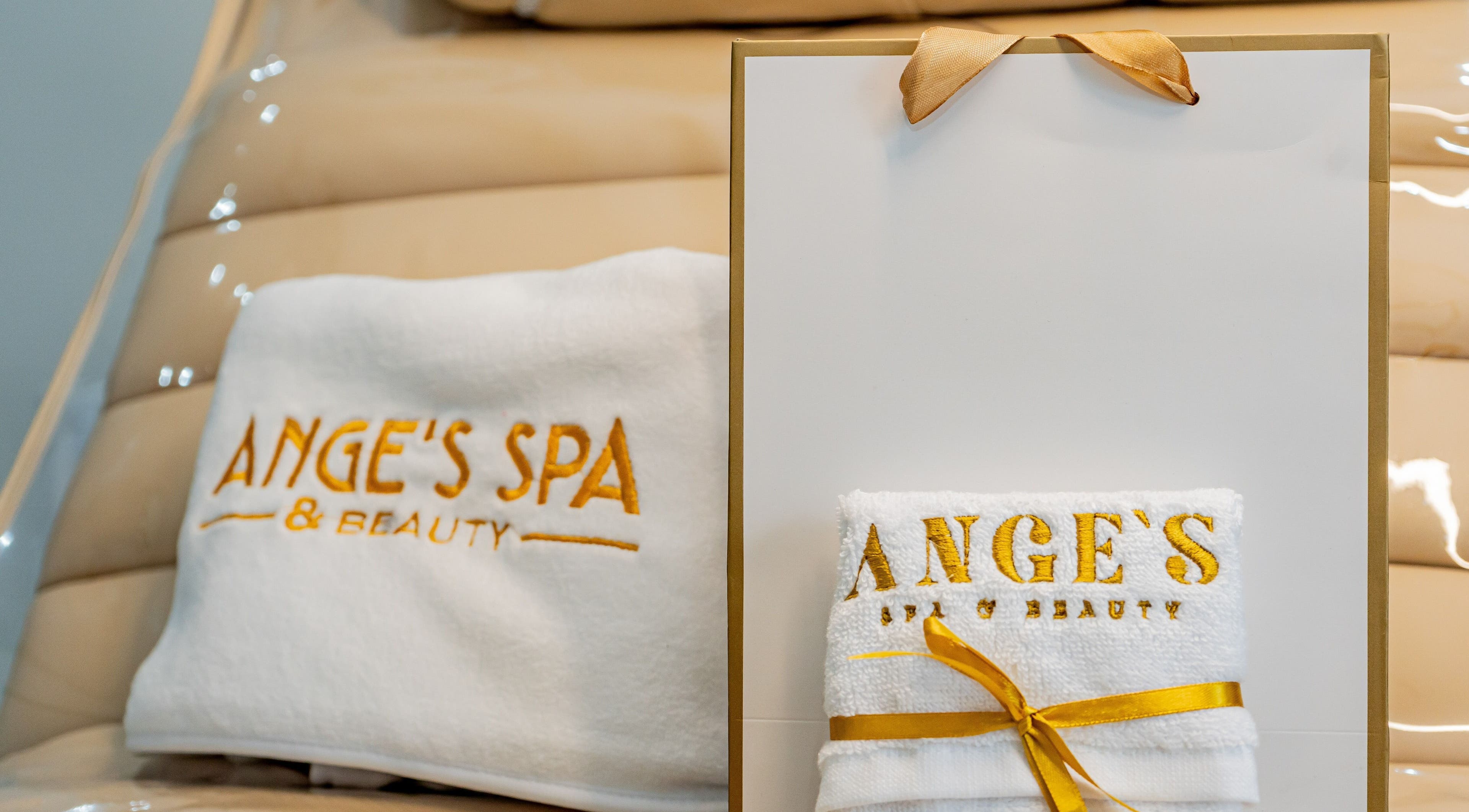 Elegantly displayed Ange's Spa and Beauty towel set in Southampton, England, GB.