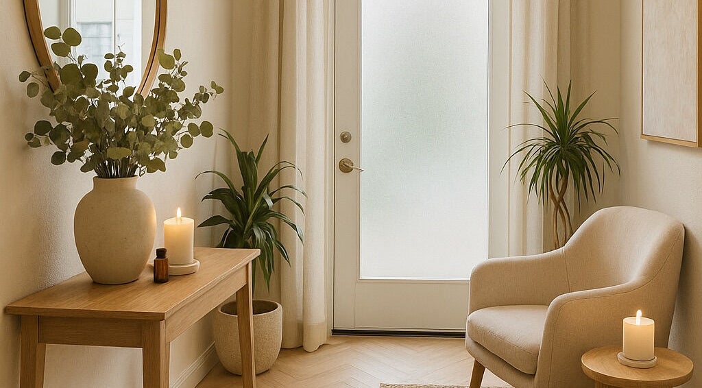 Sala acogedora en Susy’s fece & body design, Campbell, California, US con plantas y velas.