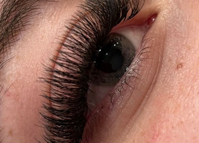 Close-up of expertly applied eyelash extensions at SV Beauty, Aberdeen, GB.
