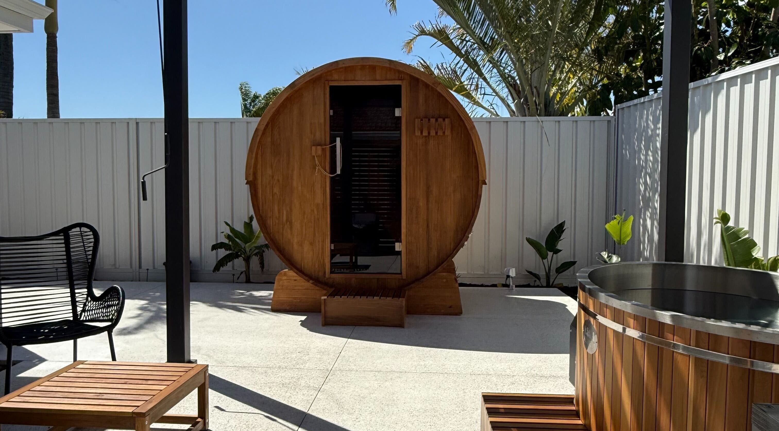 Relaxing barrel sauna at Rise and Fall Wellness, Kallaroo, Western Australia, AU, offering wellness retreats.